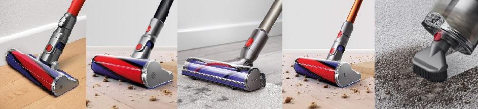 Comparison Dyson V6 Absolute with Soft Roller Cleaner Head, Dyson V7 Absolute with Soft Roller Cleaner Head, Dyson V8 with Direct-Drive Cleaner Head, Dyson V10 Absolute with soft roller cleaner head, and Dyson V11 with the Stubborn Dirt Tool on Boost mode
